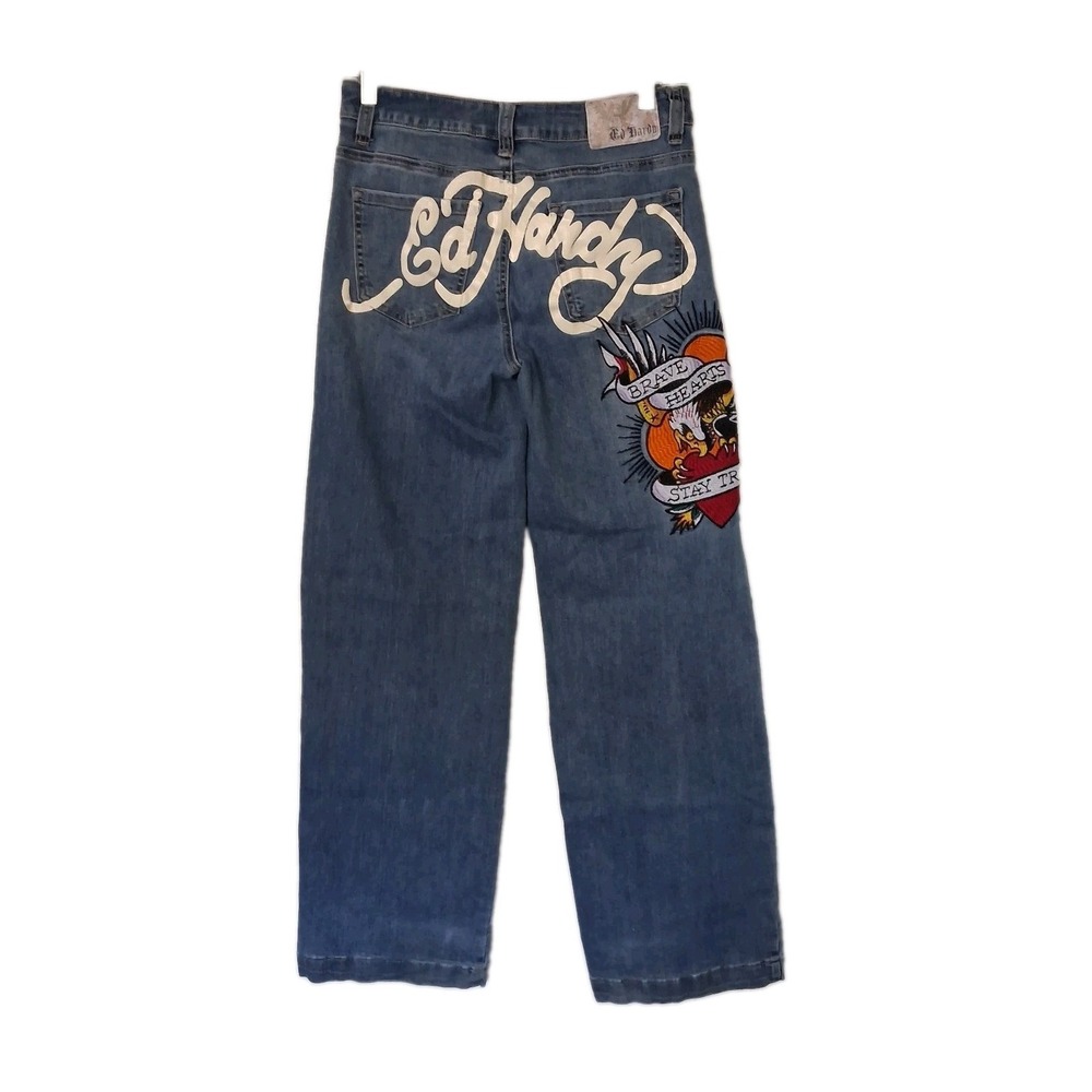Ed Hardy Jeans Women 26 X 32 Blue Denim Brave Hearts Stay True Flare Embroidered